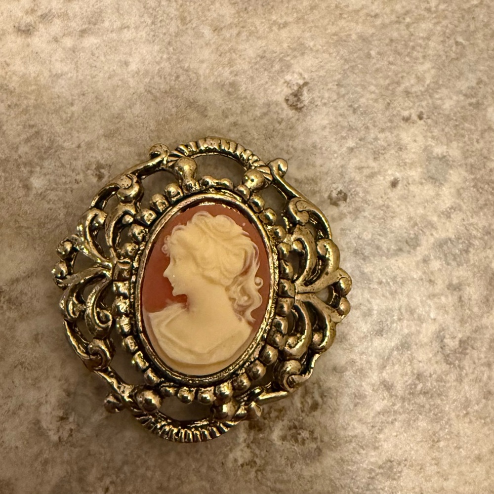 Unsigned Gold Tone and Resin Cameo Brooch Pin